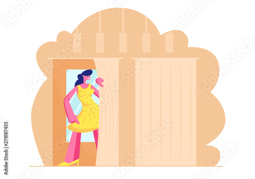 Young Woman Trying on Closes in Dressing Room at Store, Girl in New Yellow Dress Stand in Cabin with Mirror in Shop