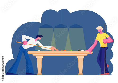 Couple of Male Characters Playing Snooker, Aiming Cue to Ball on Green Cloth Table. Billiard Game, Competition in Club, Weekend Leisure, Hobby, Friends Spare Time, Cartoon Flat Vector Illustration