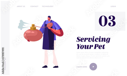 Tiny Character Hold Huge Perfume Sprayer Bottle. Pet Beauty Salon Website Landing Page, Styling Grooming Shop, Groomer with Domestic Animals Accessory Web Page. Cartoon Flat Vector Illustration Banner