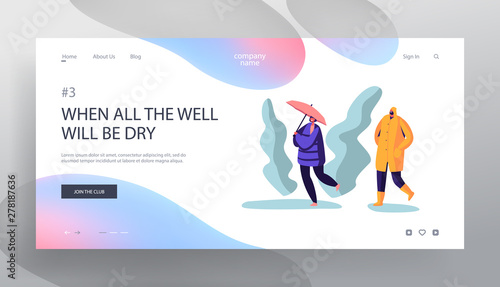 Passerby at Wet Rainy Autumn or Spring Weather. Happy Drenched People Walking Against Wind and Rain, Cold Water Pour from Sky Website Landing Page, Web Page. Cartoon Flat Vector Illustration, Banner