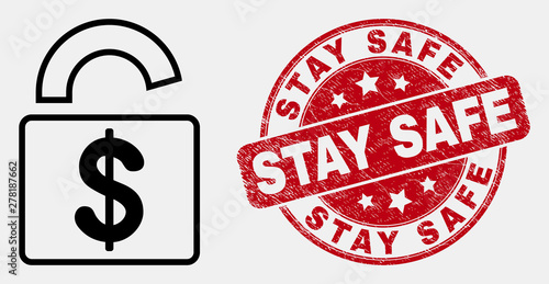 Vector linear bank lock icon and Stay Safe seal. Blue round grunge seal with Stay Safe caption. Black isolated bank lock icon in contour style.