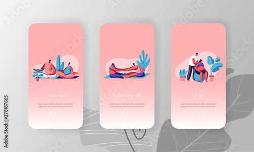 Happy Couples Waiting Baby Exercising in Gym, Mobile App Page Onboard Screen Set, Pregnant Women Fitness Sports Activity Yoga, Fitball Concept for Website or Web Page, Cartoon Flat Vector Illustration