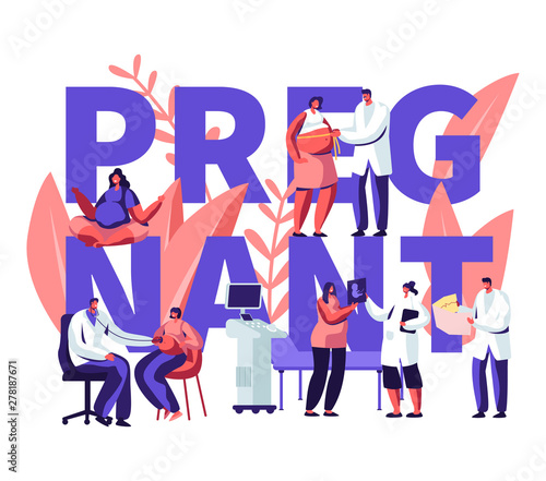 Pregnant Woman at Doctor Appointment in Clinic Concept. Medical Check Up, Healthy Pregnancy, Health Care, Ultrasound, Maternity. Poster, Banner, Flyer, Brochure. Cartoon Flat Vector Illustration