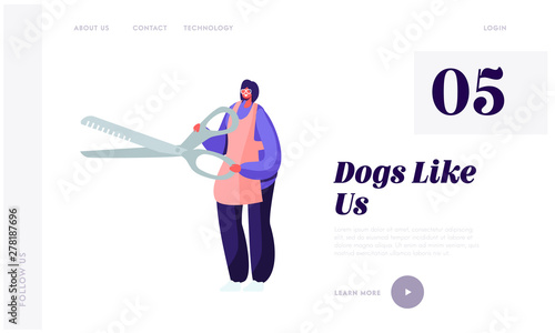 Pet Hair Salon, Styling and Grooming Shop, Store. Tiny Character Groomer in Apron or Stylist with Huge Scissors for Cut Wool, Website Landing Page, Web Page. Cartoon Flat Vector Illustration, Banner