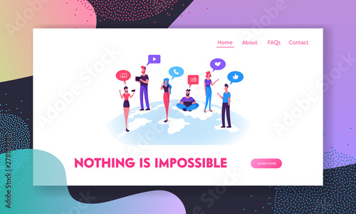People Chatting in Social Media Networks Website Landing Page, Man and Woman Communicating Online with Mobile Devices, Tablet, Laptop, Smartphones Web Page. Cartoon Flat Vector Illustration, Banner