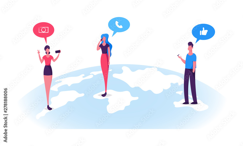 Young People Characters Stand on Earth Globe Surface Chatting in Social Networks, Calling, Making Photo on Smartphones. Man and Woman Communicating Online Social Media Cartoon Flat Vector Illustration