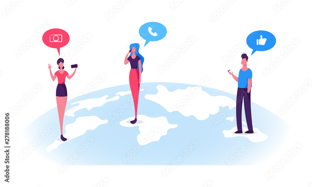 Young People Characters Stand on Earth Globe Surface Chatting in Social Networks, Calling, Making Photo on Smartphones. Man and Woman Communicating Online Social Media Cartoon Flat Vector Illustration Young People Characters Stand on Earth Globe Surface Chatting in Social Networks, Calling, Making Photo on Smartphones. Man and Woman Communicating Online Social Media Cartoon Flat Vector Illustration