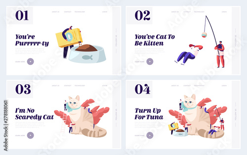 Care of Animals Website Landing Page Set, Tiny Male and Female Characters Caring of Huge Cat, Feed, Play, Dressing Ribbon. People Caress of Pet. Web Page. Cartoon Flat Vector Illustration, Banner