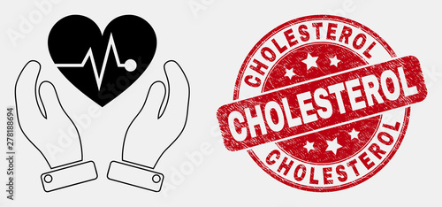 Vector line heart surgery care hands icon and Cholesterol stamp. Blue round scratched seal stamp with Cholesterol text. Black isolated heart surgery care hands icon in line style.
