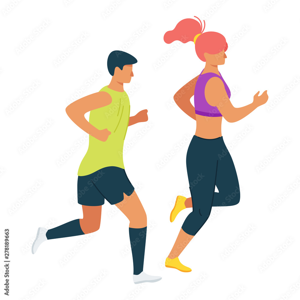 Fototapeta premium Couple doing exercise, workout routine together cartoon vector illustration