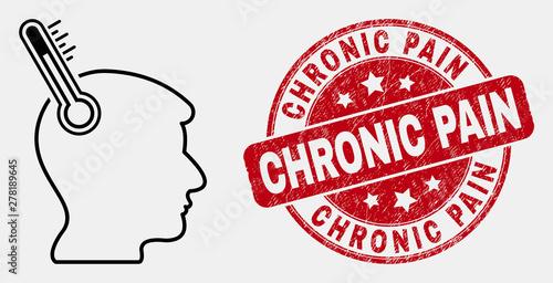 Vector contour head thermometer pictogram and Chronic Pain seal stamp. Blue rounded distress seal with Chronic Pain phrase. Black isolated head thermometer icon in contour style.