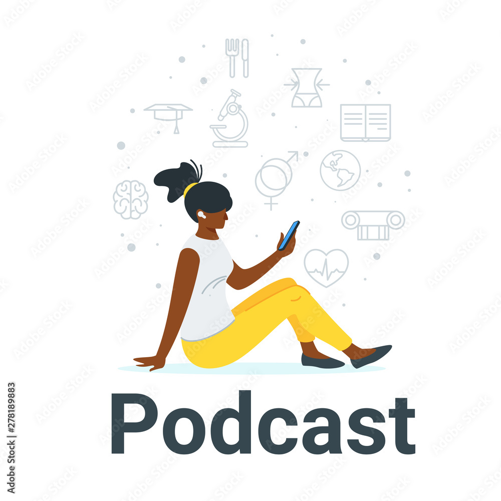 African woman listening to podcast flat vector illustration