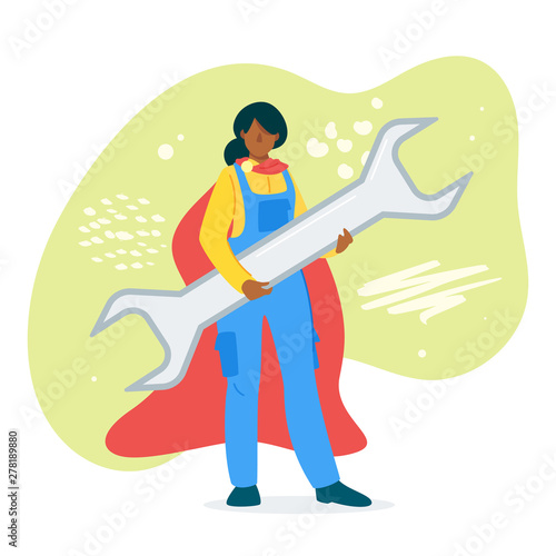 Woman in uniform holding giant wrench cartoon vector illustration