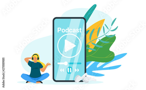 Woman listening to podcast flat vector illustration