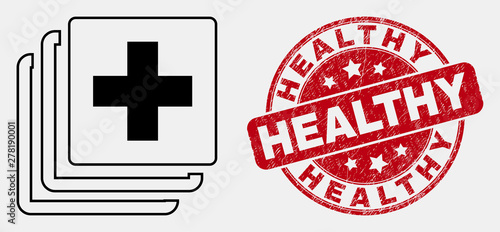 Vector stroke medical data pictogram and Healthy stamp. Blue round textured seal stamp with Healthy message. Black isolated medical data symbol in contour style.