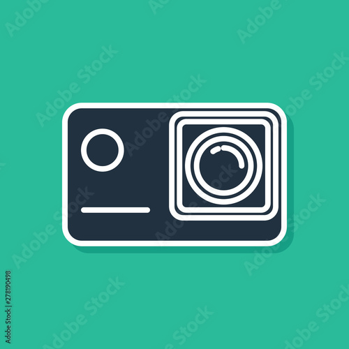 Blue Action extreme camera icon isolated on green background. Video camera equipment for filming extreme sports. Vector Illustration