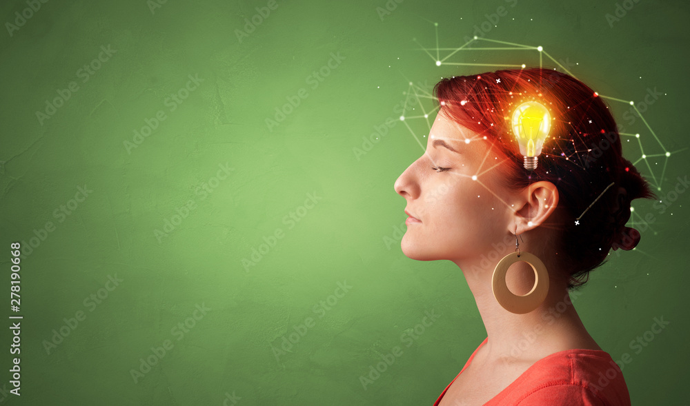 Head with new idea, lighting bulb and networking concept - obrazy, fototapety, plakaty 