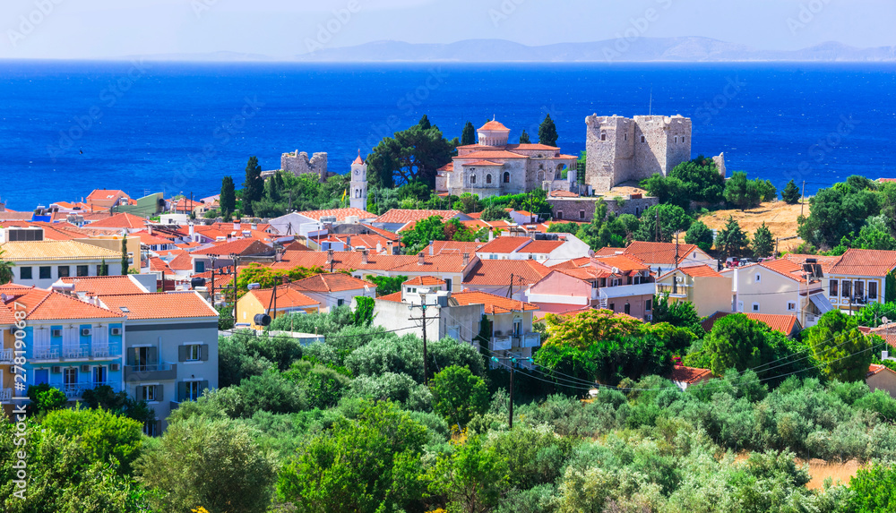 Landmarks of Samos islan - Pythagorion town, view with Lykourgos Logothetis castle. Greece