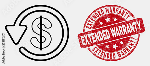 Vector line dollar refund pictogram and Extended Warranty seal. Blue round grunge seal stamp with Extended Warranty phrase. Black isolated dollar refund pictogram in outline style.