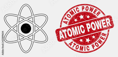 Vector line atom icon and Atomic Power seal stamp. Blue rounded grunge seal with Atomic Power message. Black isolated atom icon in stroke style.