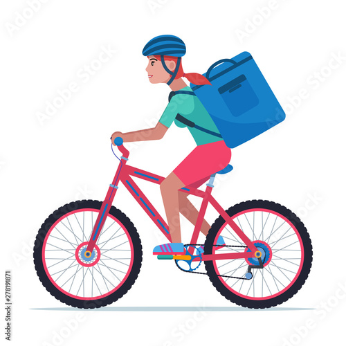 Courier woman carries a box on a bicycle