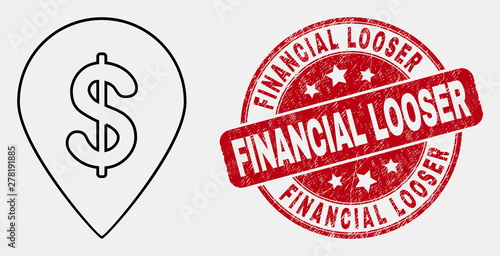 Vector stroke dollar map marker pictogram and Financial Looser seal. Blue rounded scratched seal with Financial Looser caption. Black isolated dollar map marker pictogram in stroke style.