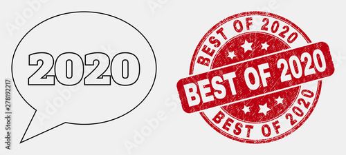 Vector linear 2020 message balloon icon and Best of 2020 seal stamp. Blue rounded textured stamp with Best of 2020 title. Black isolated 2020 message balloon icon in line style.