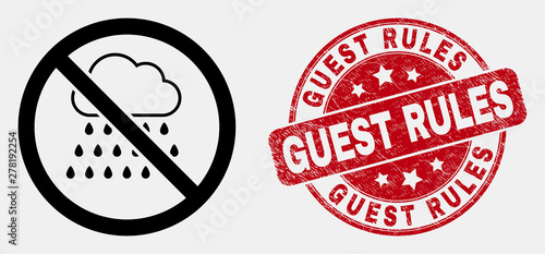 Vector line stop rain pictogram and Guest Rules watermark. Blue round grunge watermark with Guest Rules text. Black isolated stop rain pictogram in contour style.