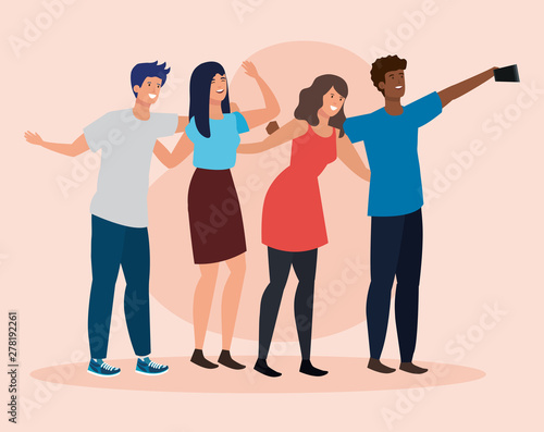girls and boys friends with smartphone selfie