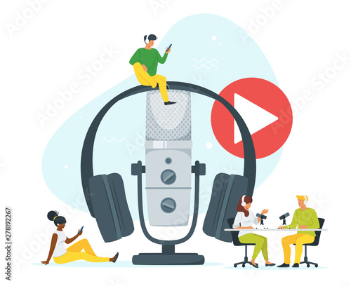 Young people in headset listening to music flat vector illustration