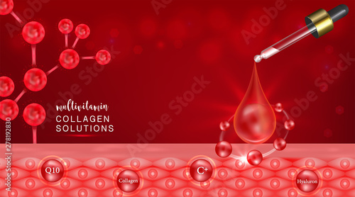 Hyaluronic acid plus multivitamins and minerals skin solutions ad, red collagen serum drop with cosmetic advertising background ready to use, illustration vector.