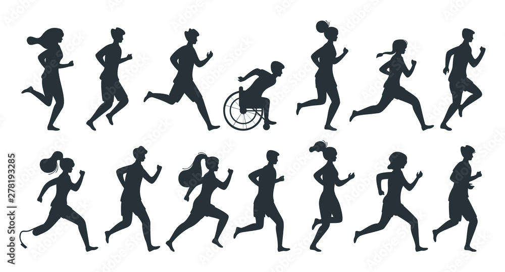 Different people running isolated vector silhouette illustration set