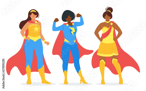 Young girl crimefighters with capes flat vector illustration collection