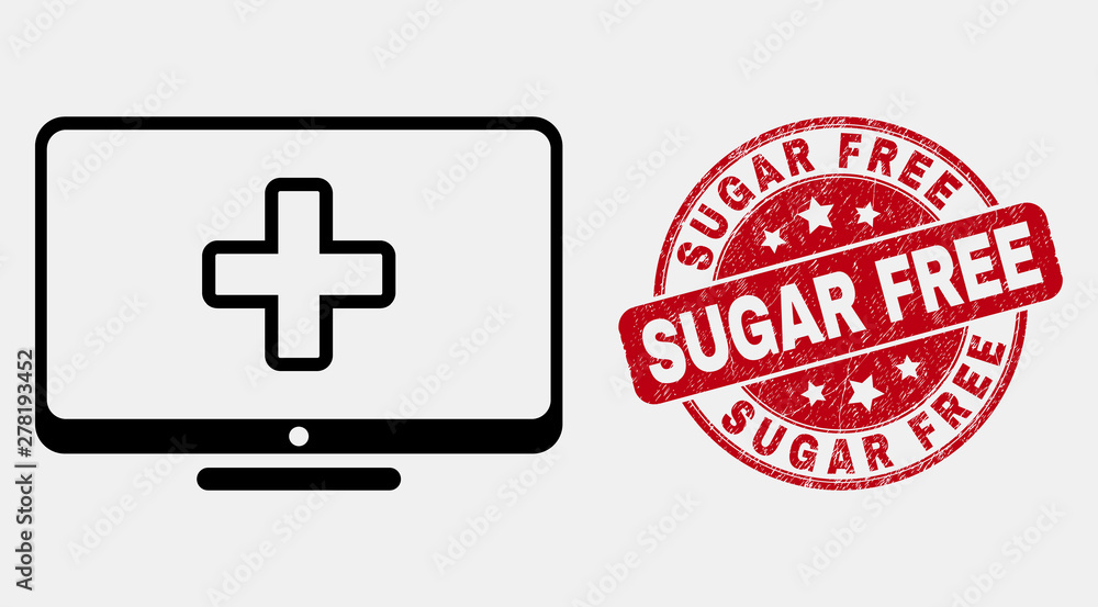 Fototapeta premium Vector outline computer medicine pictogram and Sugar Free seal stamp. Blue round distress seal stamp with Sugar Free title. Black isolated computer medicine pictogram in contour style.