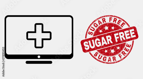 Vector outline computer medicine pictogram and Sugar Free seal stamp. Blue round distress seal stamp with Sugar Free title. Black isolated computer medicine pictogram in contour style.
