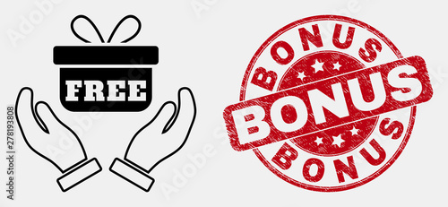 Vector outline hands give gift pictogram and Bonus stamp. Blue rounded grunge seal stamp with Bonus caption. Black isolated hands give gift symbol in outline style.