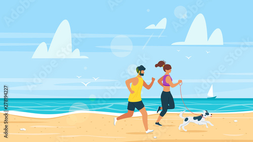 Couple running on beach in summer vector illustration