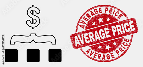 Vector contour dollar aggregation icon and Average Price seal stamp. Blue rounded scratched seal with Average Price phrase. Black isolated dollar aggregation icon in contour style.