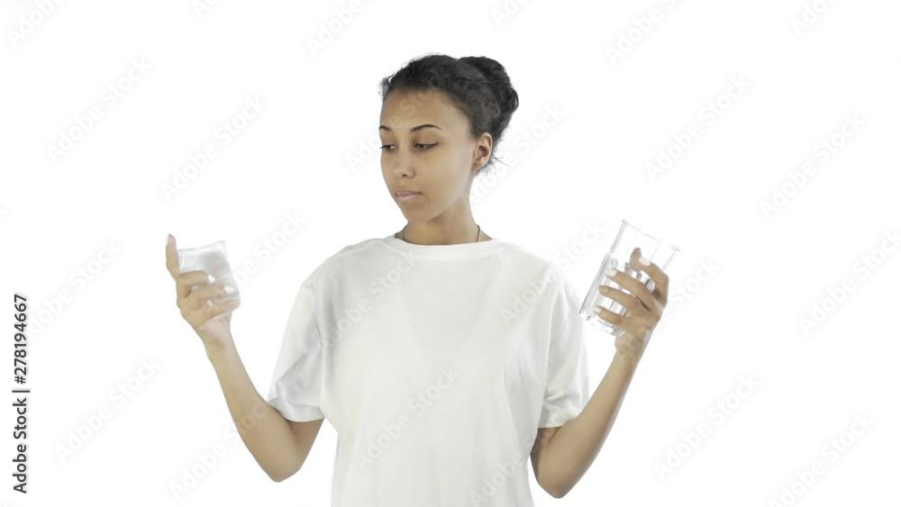 Afro-American Girl Activist With plastic and glass cups on white background Afro-American Girl Activist With plastic and glass cups on white background