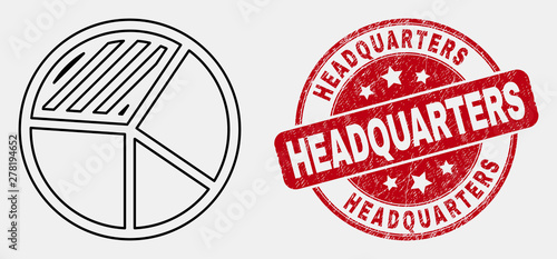 Vector outline pie chart pictogram and Headquarters seal stamp. Blue round distress seal stamp with Headquarters phrase. Black isolated pie chart symbol in linear style.