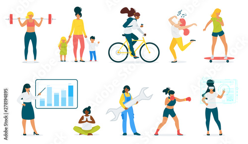 Female hobbies and occupations flat illustrations set