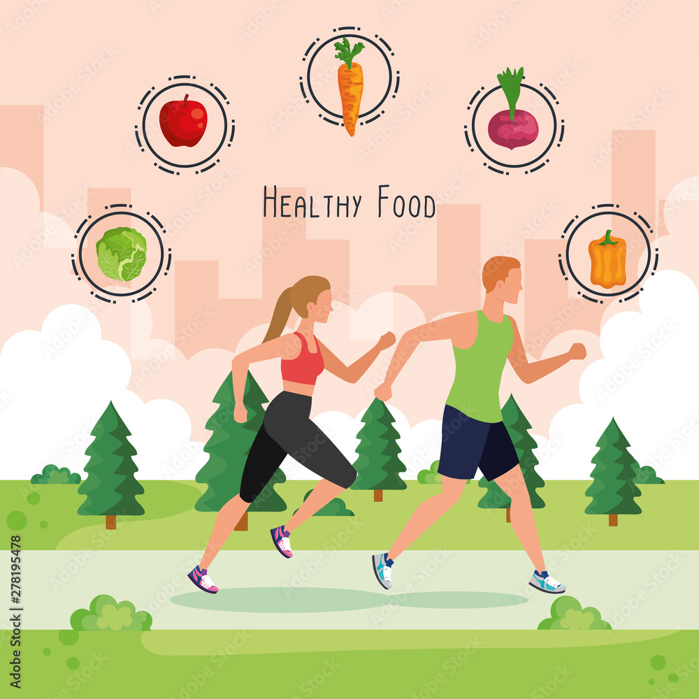 Fototapeta premium woman and man running with vegetables and fruits