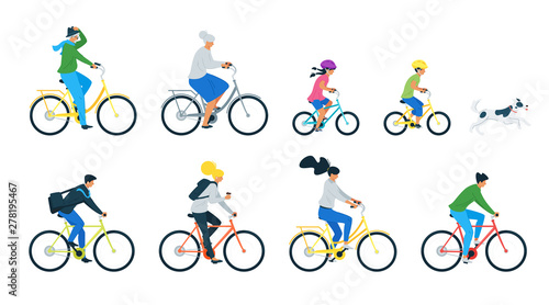 Bicycle riders flat vector illustrations set