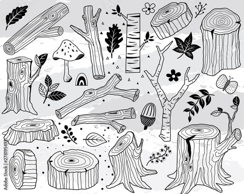 Hand Draw Nature Wood Logs Elements