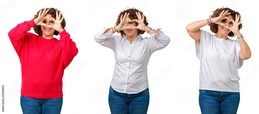 Collage of middle age senior woman over white isolated background Doing heart shape with hand and fingers smiling looking through sign