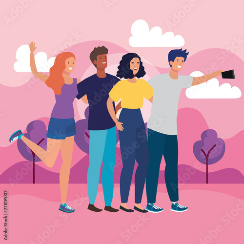 boys and girls friends together with smartphone selfie