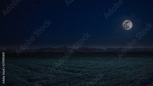 Full moon night landscape with fog in the background