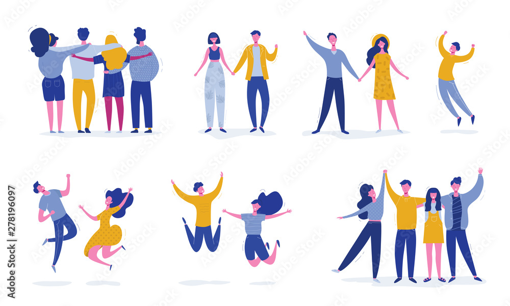 Set of young jumping friend people characters. Stylish modern vector illustration with happy male and female characters, teenagers, students. Party, sport, dance and friendship team concept