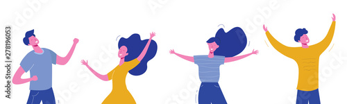 Set of young people on white background. Stylish modern vector illustration with happy male and female characters, teenagers, students. Party, sport, dance and friendship team concept