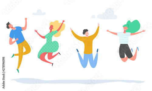 Set of young people jumping on white background. Stylish modern vector illustration with happy male and female characters, teenagers, students. Party, sport, dance and friendship team concept